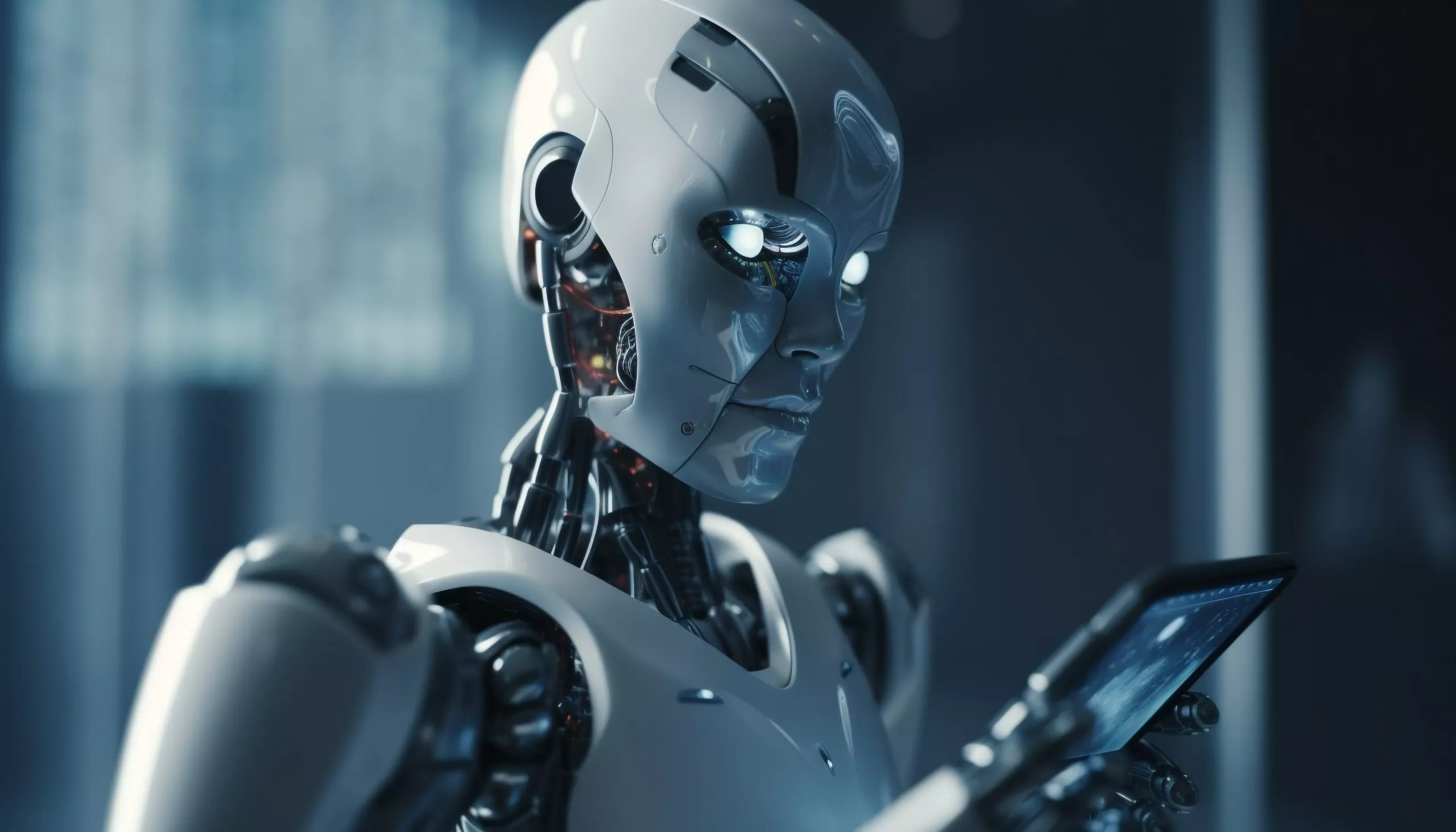 standing-futuristic-cyborg-illuminated-by-blue-machinery-generated-by-ai